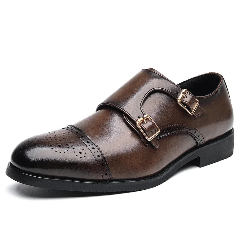 Mens Black Low Top Leather Shoes Classic Double Buckle Fashionable Business Banquet Party Brown Pointed Leather Shoes 250916