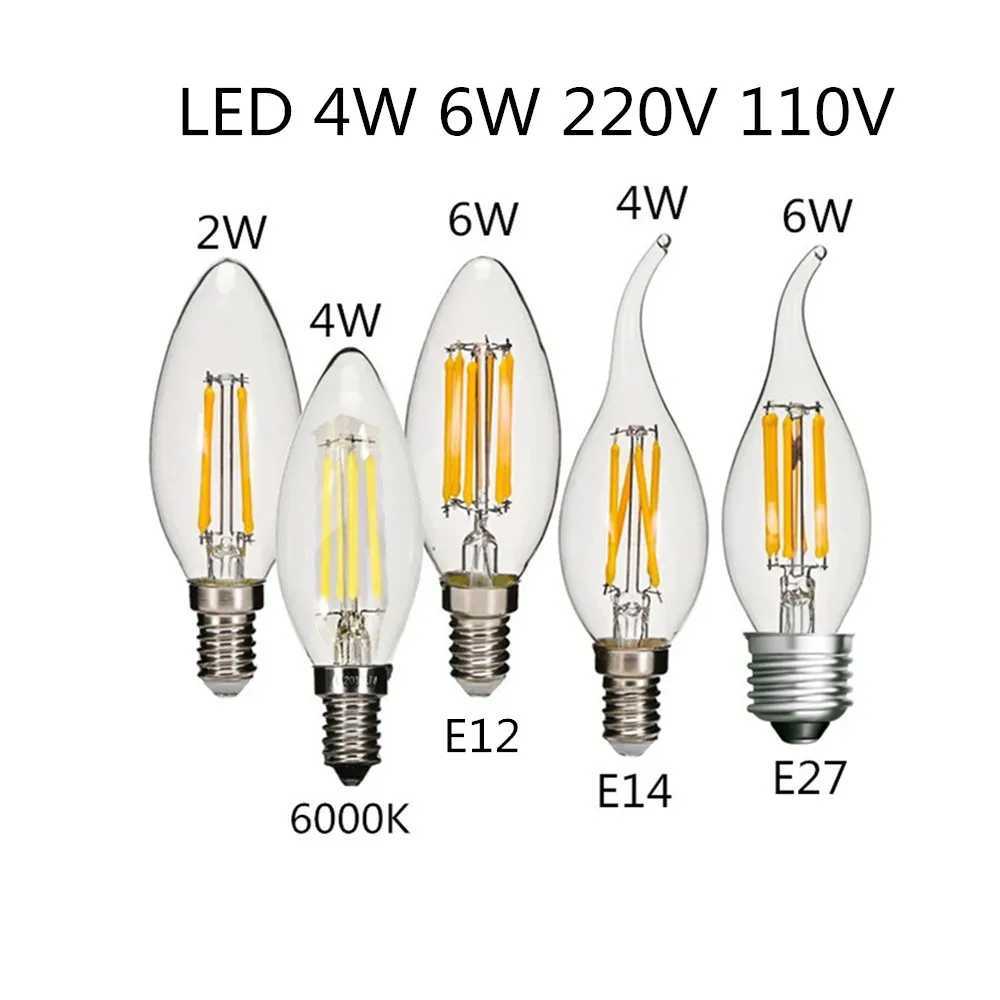 10PCS LED Bulb C35 E14 E12 E27 220V 110V Dimmable 2W 4W 6W Design Energy Saving Candle Warm White Filament Light 360 Degree Lamp C250917