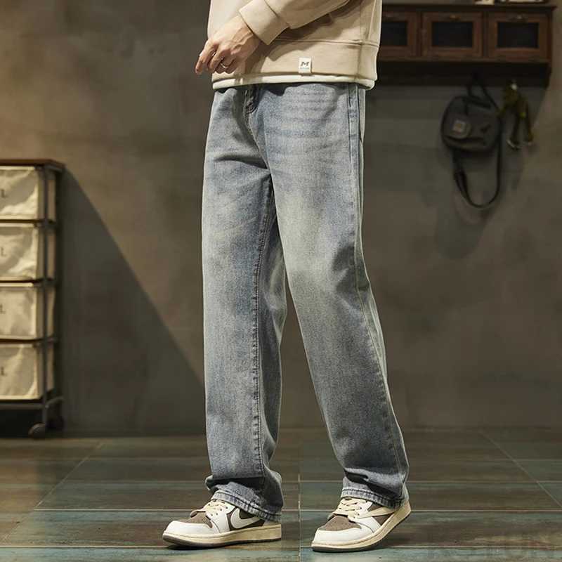 KSTUN Light Blue Baggy Pant Men Wide Leg Jeans Loose Straight Casaul Streetwear Vintage Mens Trousers 100 Cotton Large Size 40Z250917