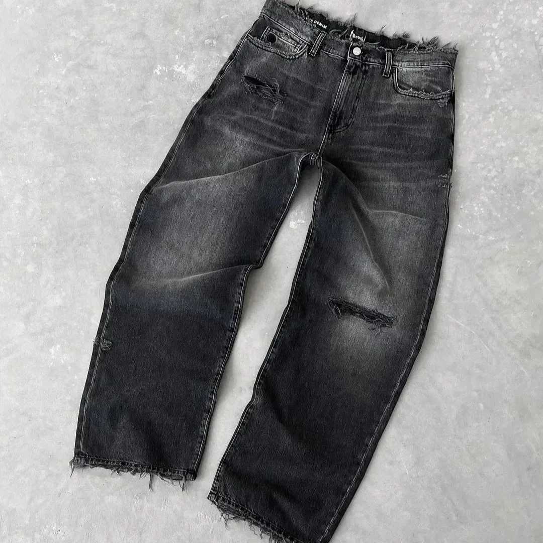 Straight Jeans Distressed Men Jean Ripped Holes Washed Denim Pants Ankle Length Loose Solid Zipper Fly Pockets Casual 2025Z250917