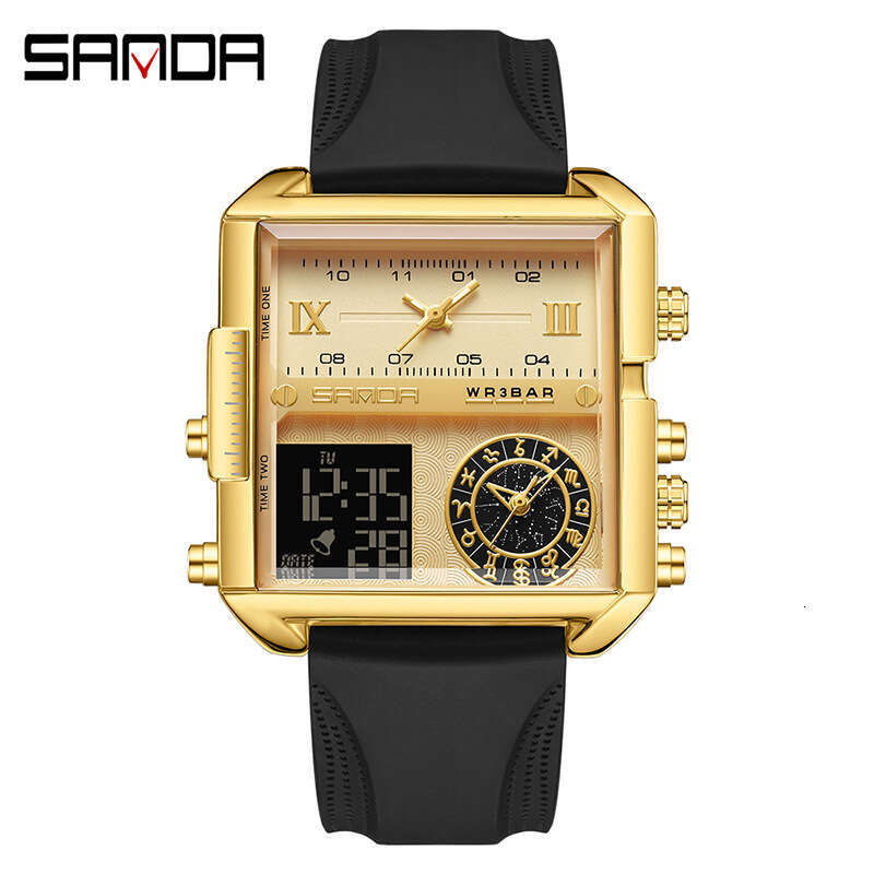 DHgargets Sanda Square Large Dial Multi-Function Three Time Zone Men's Business Electronic Watch