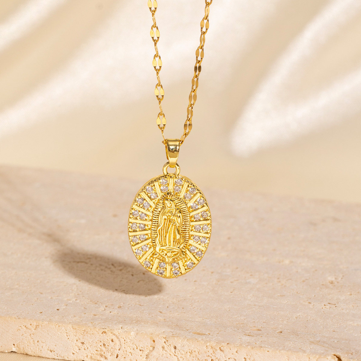 Gold - Toned Round Pendant Necklace With Religious Motif And Crystal Accents Delicate Daily & Elegant Spiritual Jewelry Gift For Her Exquisite Meaning