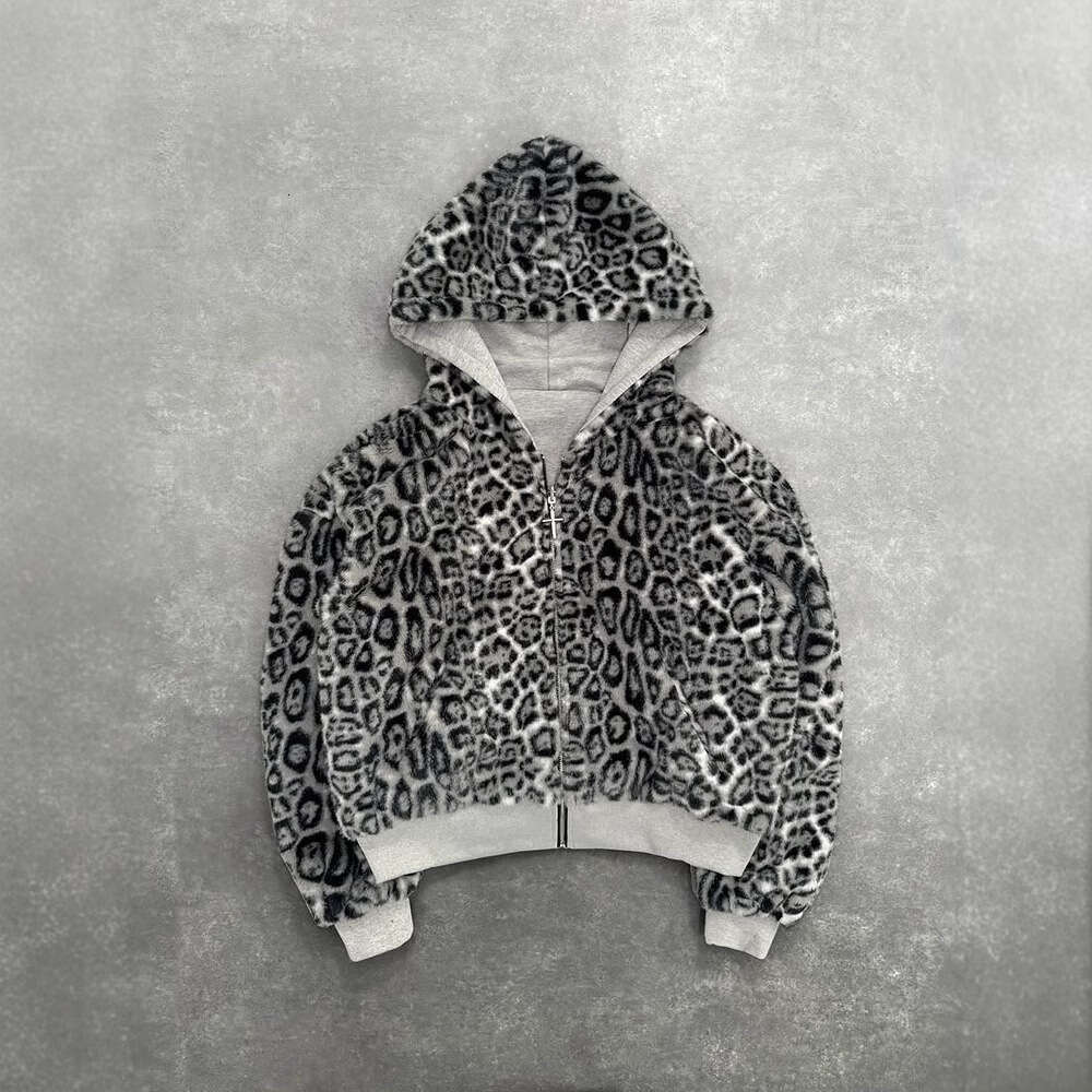 2025 European and American Autumn Winter New Hooded Sweatshirt Reversible Vintage Leopard Print Zipper Hoodie Loose Top