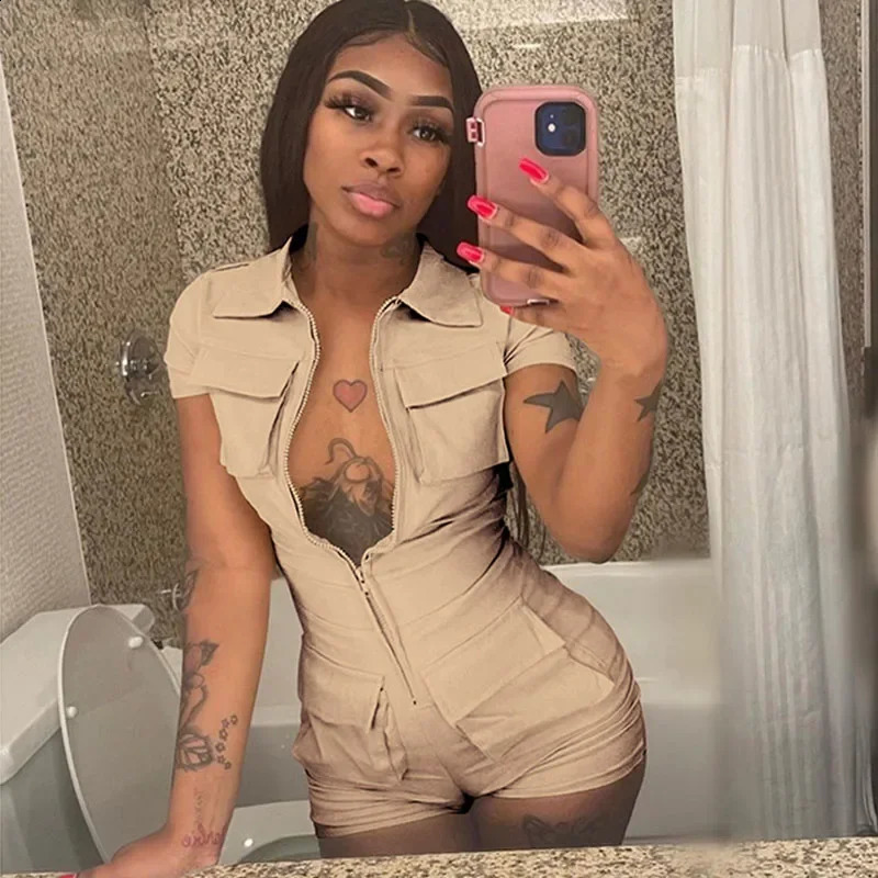 Streetwear Zipper Pockets Shorts Jumpsuit Women Clothing Short Sleeve Skinny Cargo Playsuit Summer Casual One Pieces Romper 250916