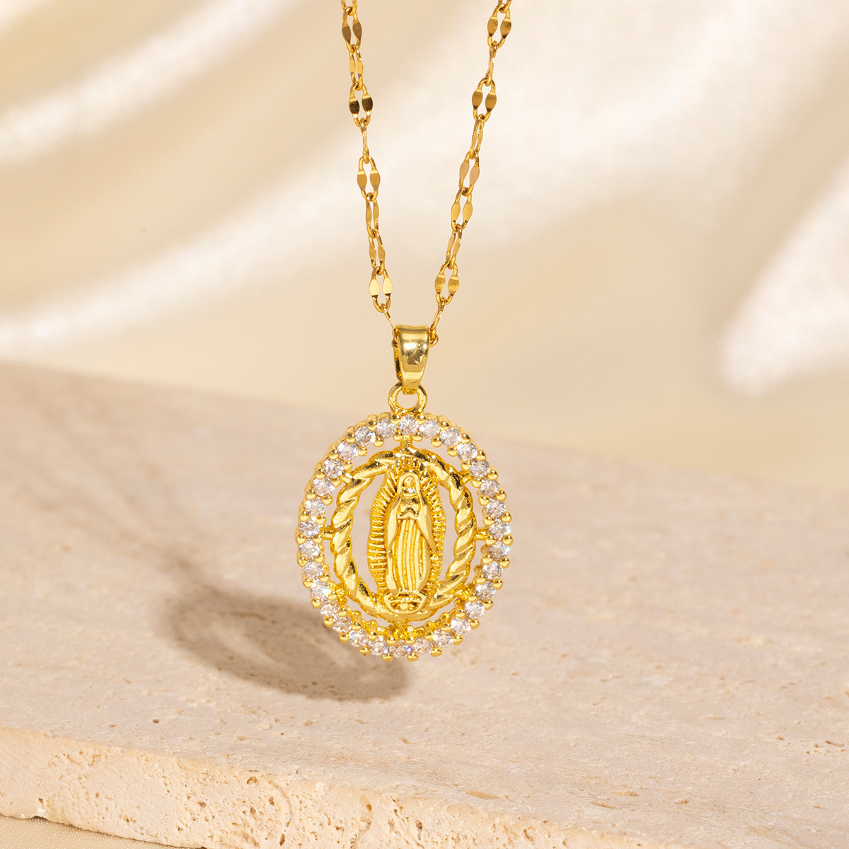 Gold - Toned Round Pendant Necklace With Religious Motif And Crystal Accents Delicate Daily & Elegant Spiritual Jewelry Gift For Her Exquisite Meaning