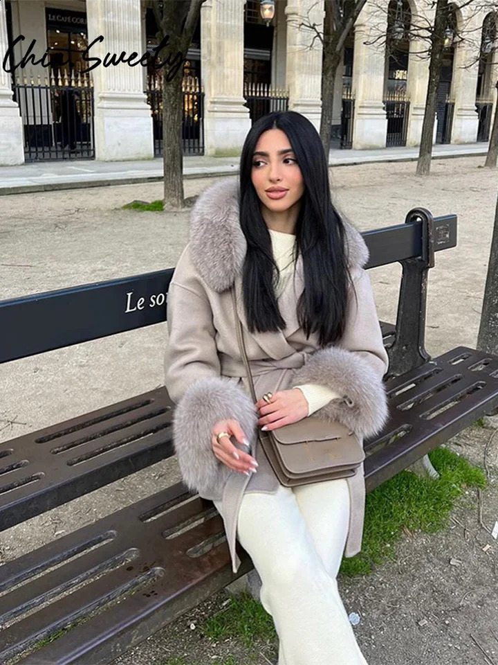 Grey Faux Fur Woolen Patchwork Women Jacket Loose Hoody Belt Pocket Female Coat Autumn Winter Fashion Lady Streetwear 250917