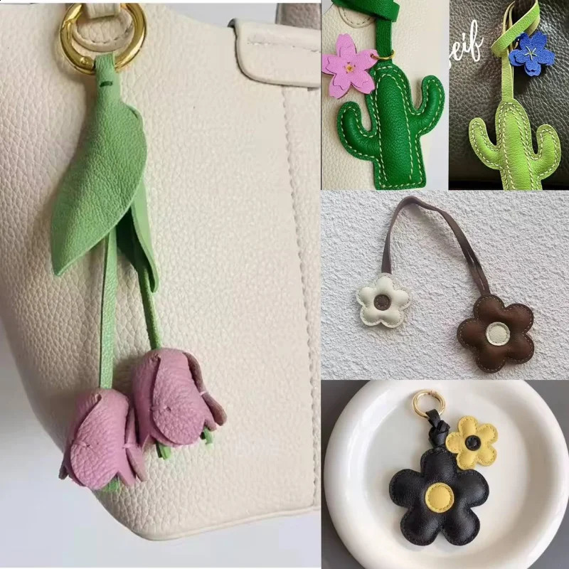 Cowhide Leather Flower Shaped Bag Charm Genuine Leather Rope Womens Tulip Cactus Bag Pendant Car Keychain Hand Rope Accessories 250916