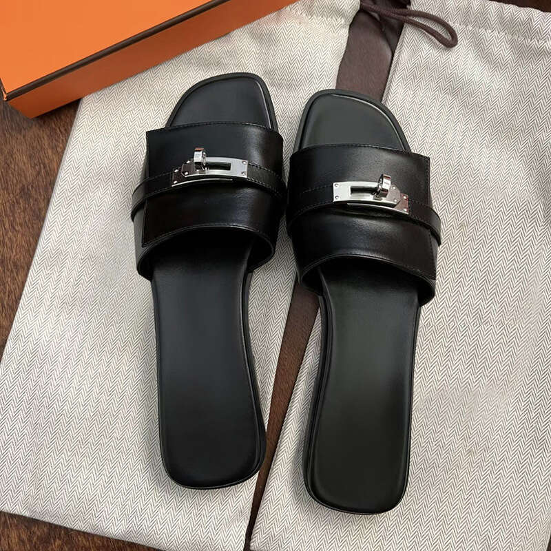 Sheepskin Version ~ Elegant Small Gold Buckle Genuine Leather One-Strap for Women French Style Flat Sandals Outdoor Slippers Half Slides