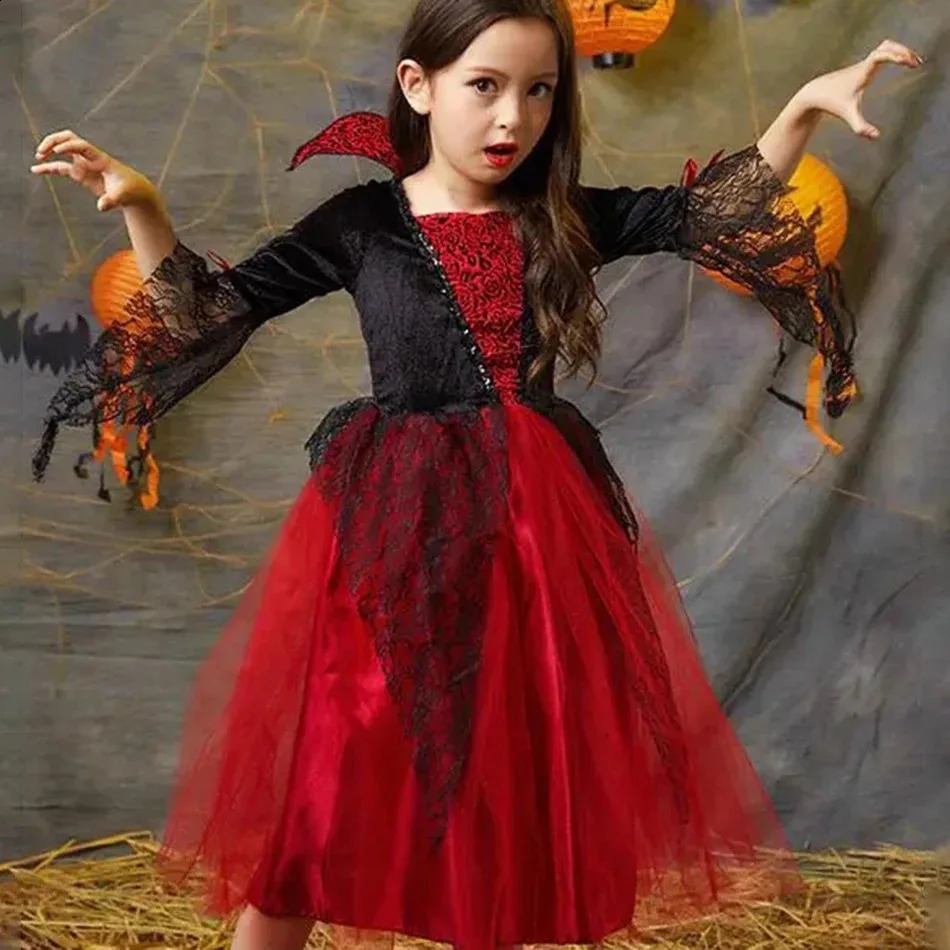 Girl Halloween Dress For Kid Ghost Bride Gothic Cosplay Costume Count Vampiran Carnival Outfit Black Red Clothes 250916