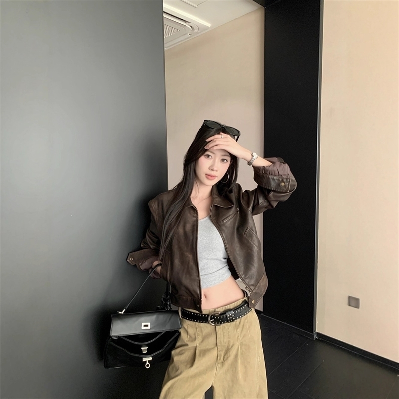 Cibbar brown leather trimmed jacket y2k retro pocket patch work zipper full set PU jacket 2000s streetwear womens retro jacket 241126