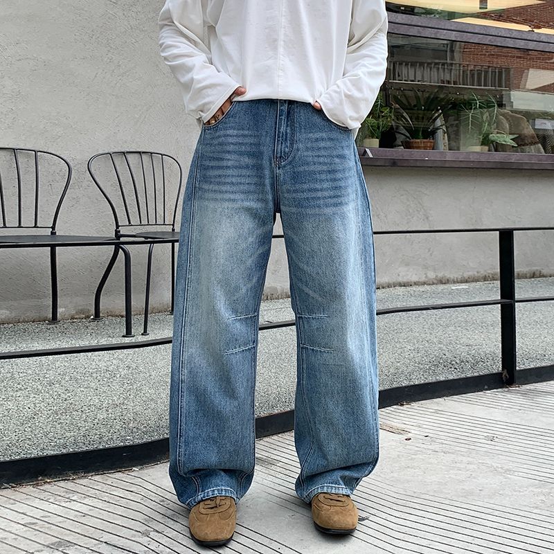 Men's Jeans Vintage American - Style Pleated Washed Jeans - Wide - Leg Sickle - Cut Denim Trousers-D6013