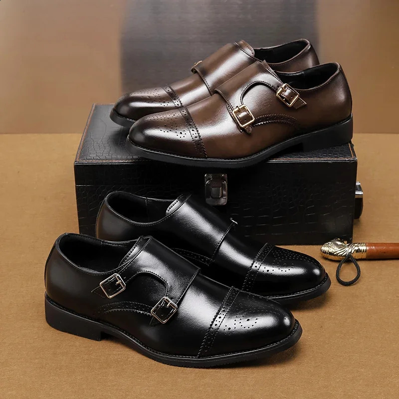 Mens Black Low Top Leather Shoes Classic Double Buckle Fashionable Business Banquet Party Brown Pointed Leather Shoes 250916