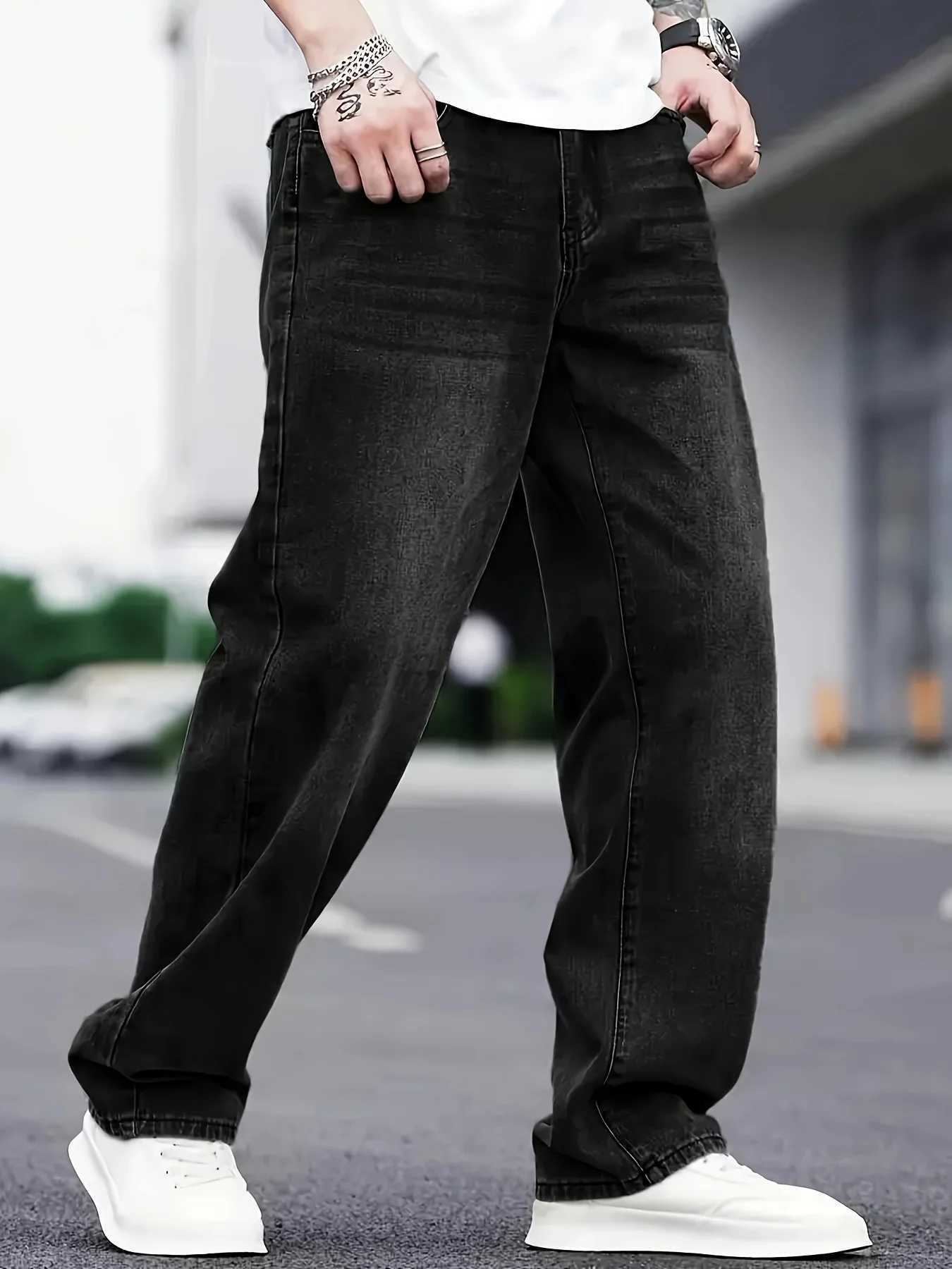 Mens fashion hip hop style loose straight jeans solid color American high street straight pantsZ250917