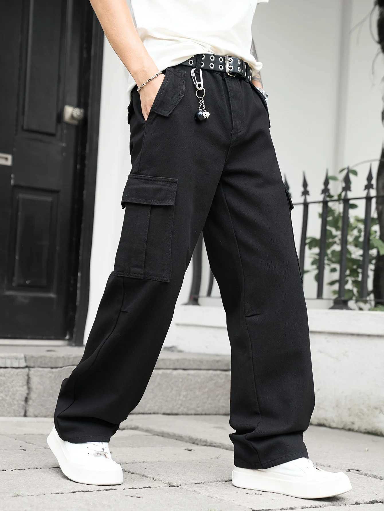 Mens multi pocket denim work pants straight leg denim pantsZ250917