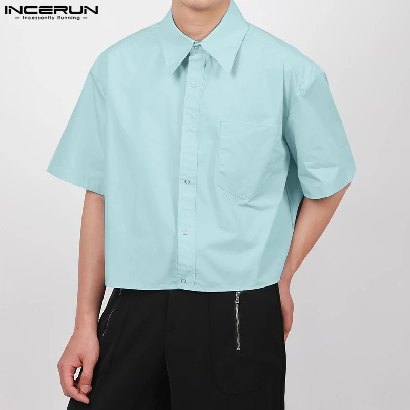 INCERUN Mens Shirts Solid Color Lapel Short Sleeve Pockets Button Male Crop Tops Streetwear Summer Loose Fashion Men Clothing 250917