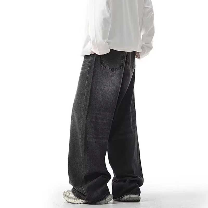 New Men Vintage Wash Jeans Male Fashion Baggy Straight Wide Leg Casual Denim Trousers Popular Brand High Street Long PantsZ250917