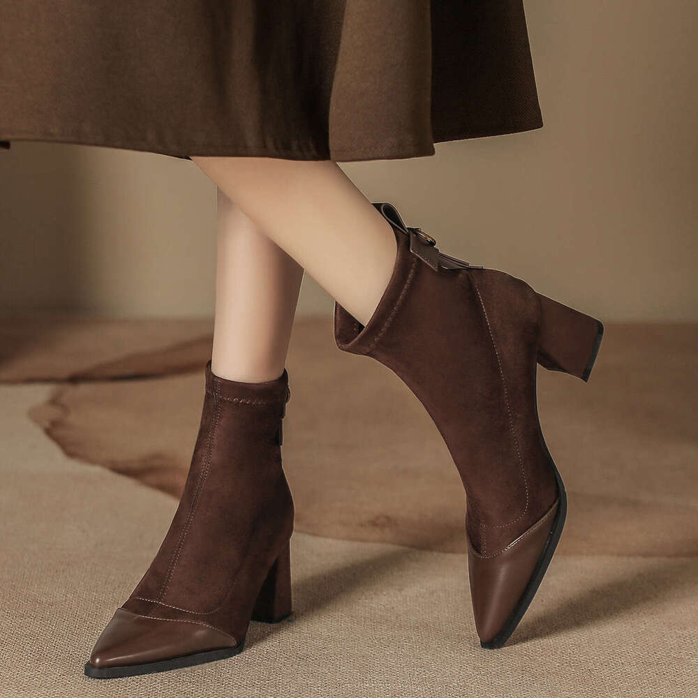 Autumn Winter New Elastic Slim Thick Heel Suede Patchwork Short Mid-Calf Women Black Slimming Low Boots Pointed Toe