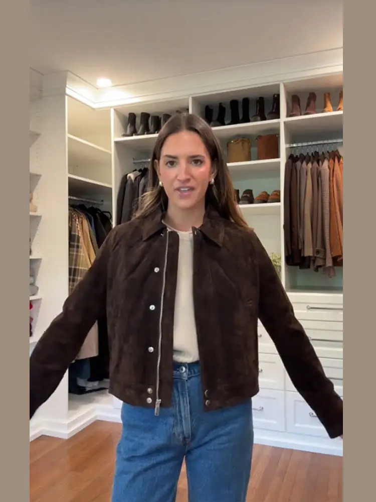 Suede Short Womens Jacket Vintage Laple Zipper Pockets Zipper Full Sleeve Female Jackets Autumn Winter Lady Outwears 250917