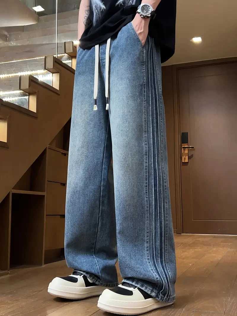 Three bar American retro jeans mens spring and autumn new style high street elastic waist loose casual mens straight leg longZ250917