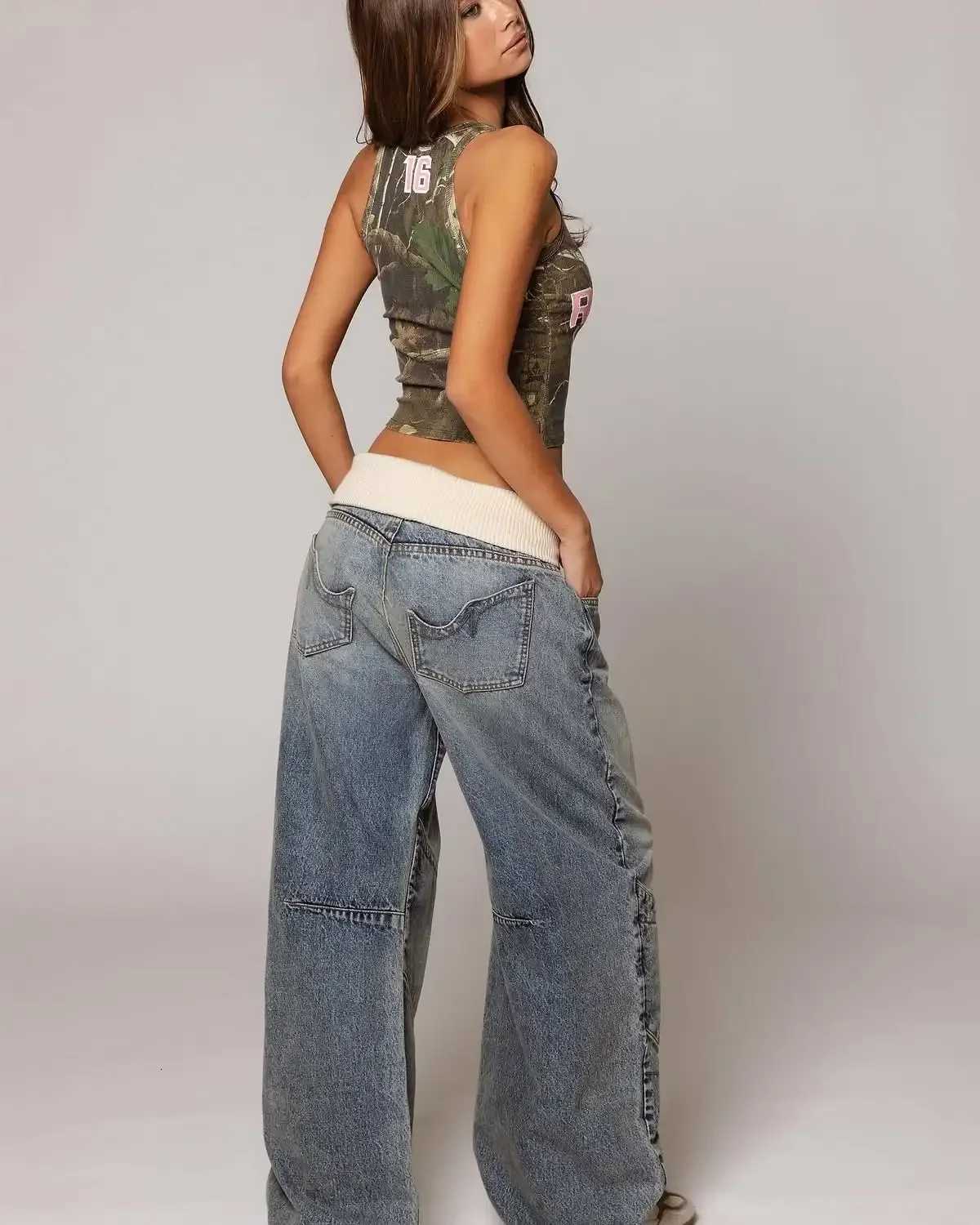 Y2K Hiphop Stitching Fashion Joker Retro Jeans Female Korean Casual Simple Dress Essential Wideleg Pants Loose Joker Overalls S250917