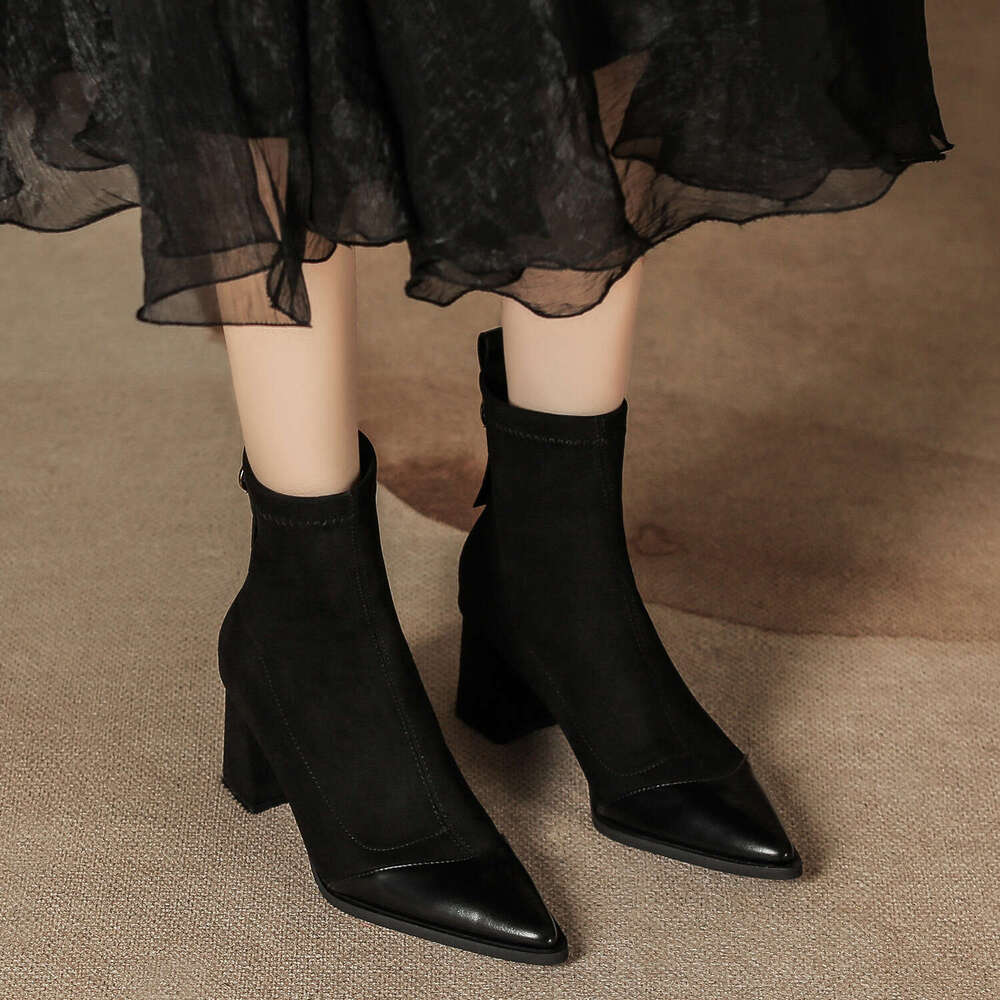 Autumn Winter New Elastic Slim Thick Heel Suede Patchwork Short Mid-Calf Women Black Slimming Low Boots Pointed Toe