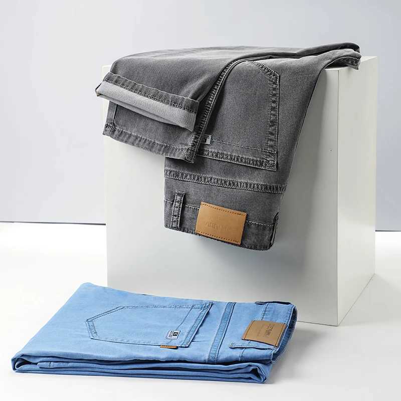 Summer Thin Mens Elastic Cotton Jeans Fashion Sky Blue Comfortable Business Straight Casual Pants Brand Male Clothes TrousersZ250917