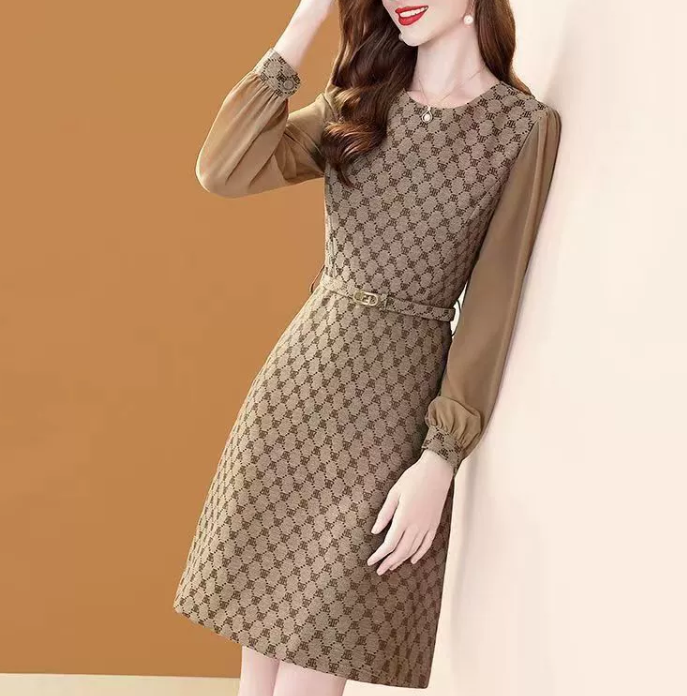 Women Casual Long Sleeves Patchwork Dress With Belt Floral Printing Slim Office A-line Dresses Women Party Vestido Autumn 250723