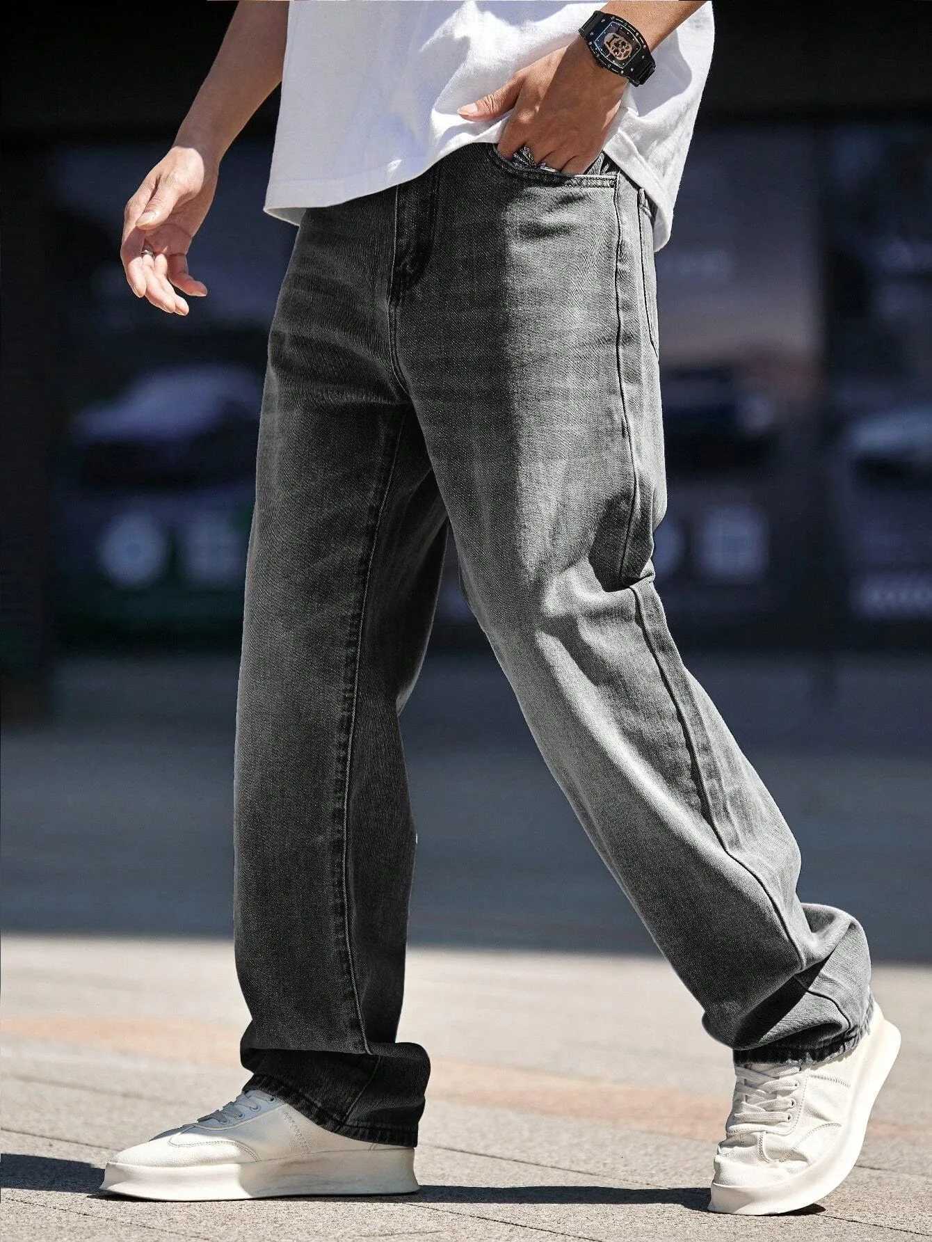 Mens straightleg tight grey jeans American street style hiphop design suitable for daily wearZ250917