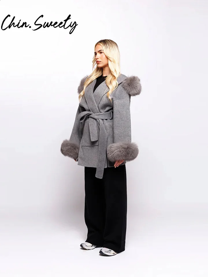 Grey Faux Fur Woolen Patchwork Women Jacket Loose Hoody Belt Pocket Female Coat Autumn Winter Fashion Lady Streetwear 250917