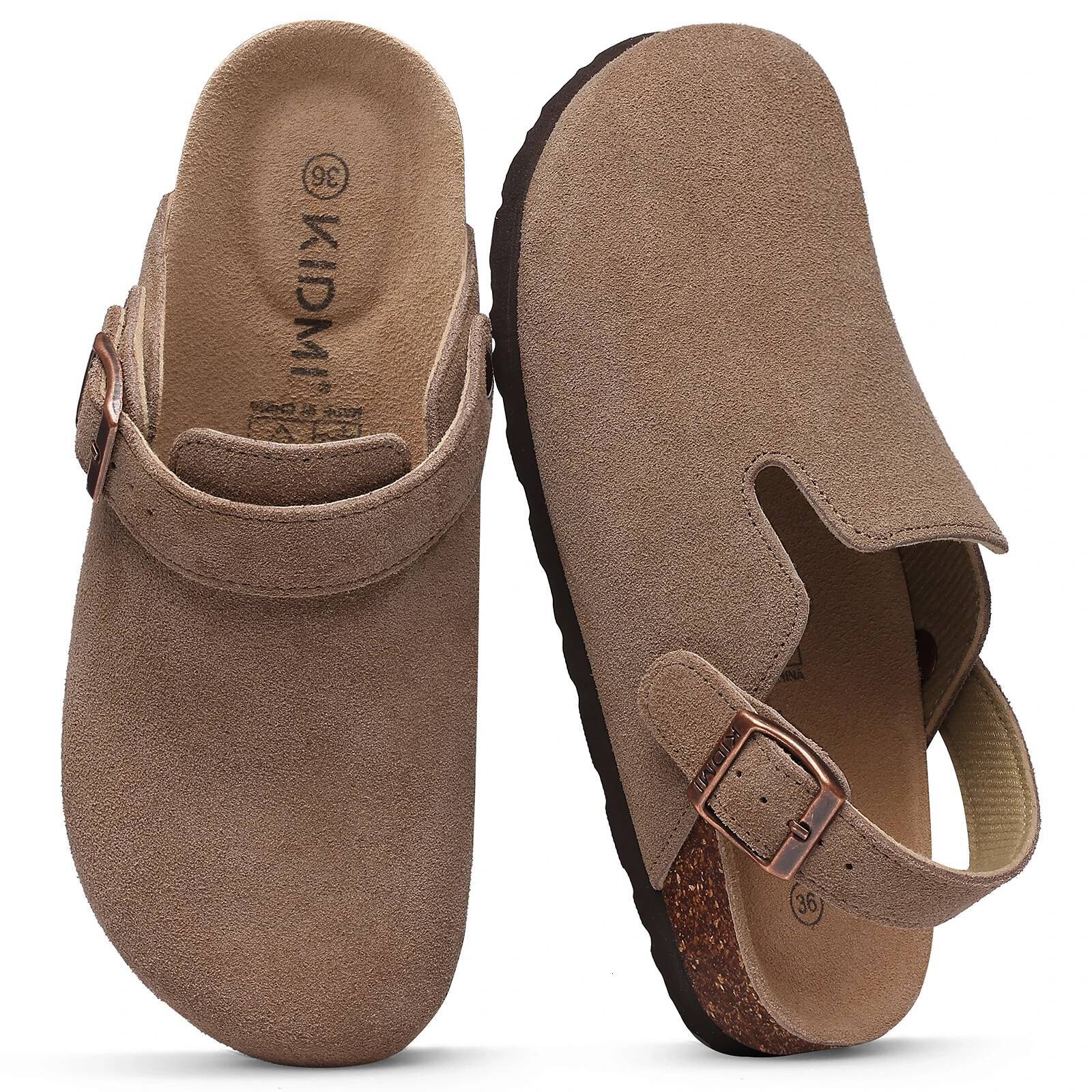 Shevalues Cow Suede with Adjustable Buckle Leather Comfortable Slip On Women Slippers Outdoor Cork Clogs ddmypanda