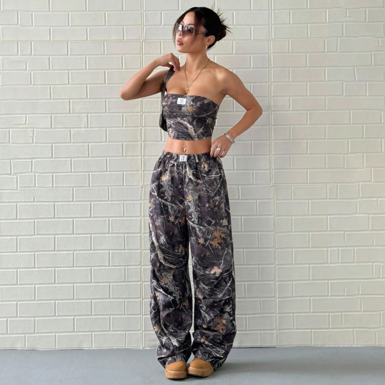 American Style Teenage Girls Casual Elastic Waist Printed Crop Top Slimming Workwear Pants Set Fashionable And Comfortable 250917