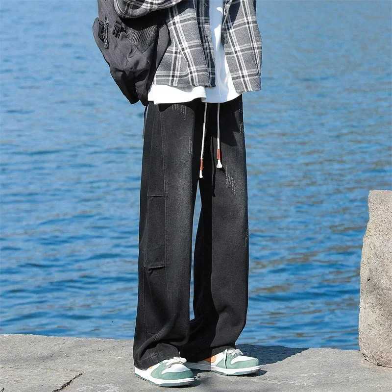 Autumn Distressed Drawstring Straight Jeans For Men High Street Baggy Patchwork Denim Pants 2024 New Hip Hop Fashion Y2K JeanZ250917