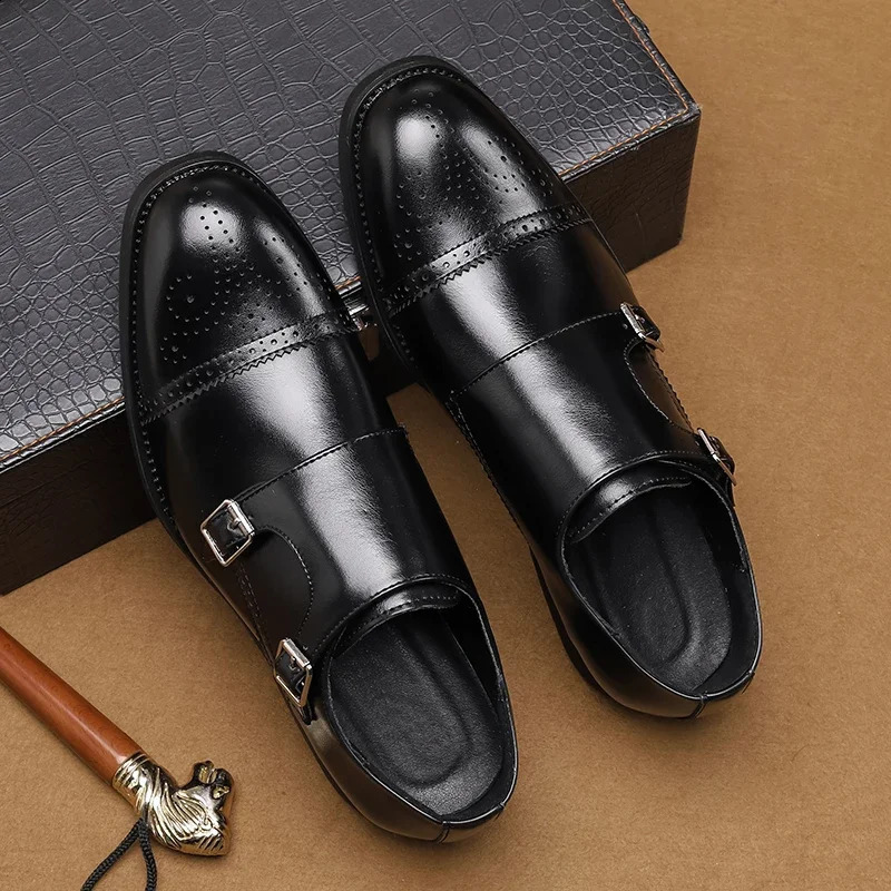 Mens Black Low Top Leather Shoes Classic Double Buckle Fashionable Business Banquet Party Brown Pointed Leather Shoes 250916