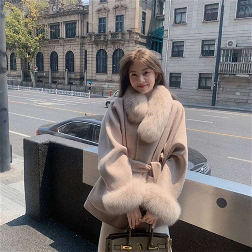 Dresses Dresses 2024 Korean Fashion Winter Solid Fox Fur Collar Thick Warm Long Ladies Lace Up Wool Outwear Woolen Coat With Belt Women