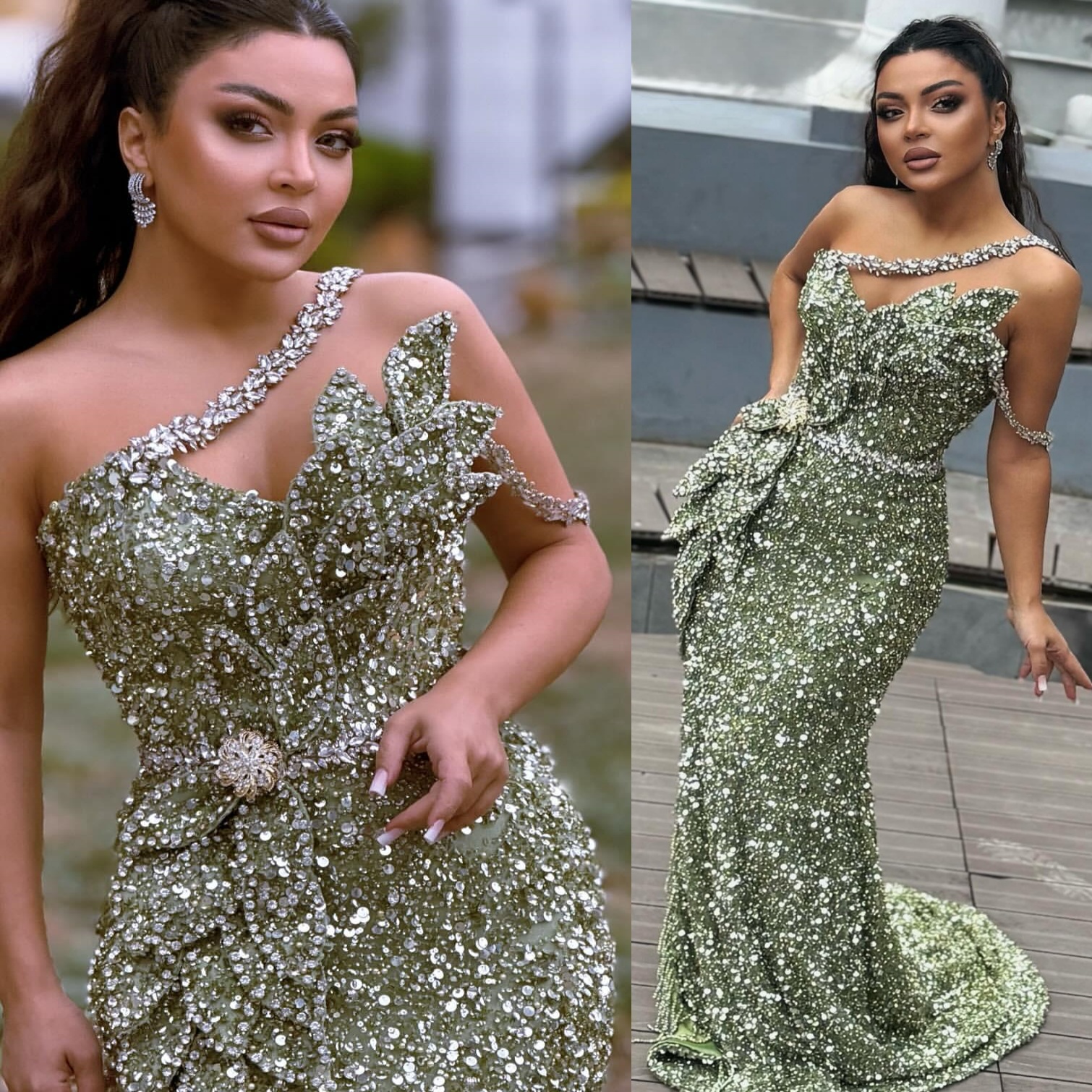 Olive Green Mermaid Prom Dresses 2025 One Shoulder Florals Crystals Evening Formal Party Second Birthday Engagement Gowns Plus Size Dress For Special 
