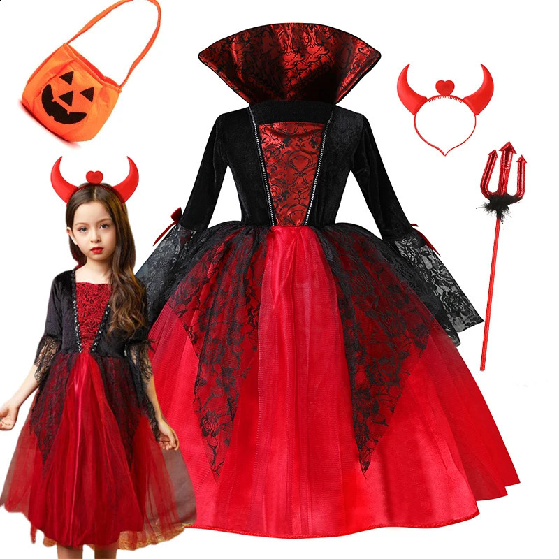Girl Halloween Dress For Kid Ghost Bride Gothic Cosplay Costume Count Vampiran Carnival Outfit Black Red Clothes 250916