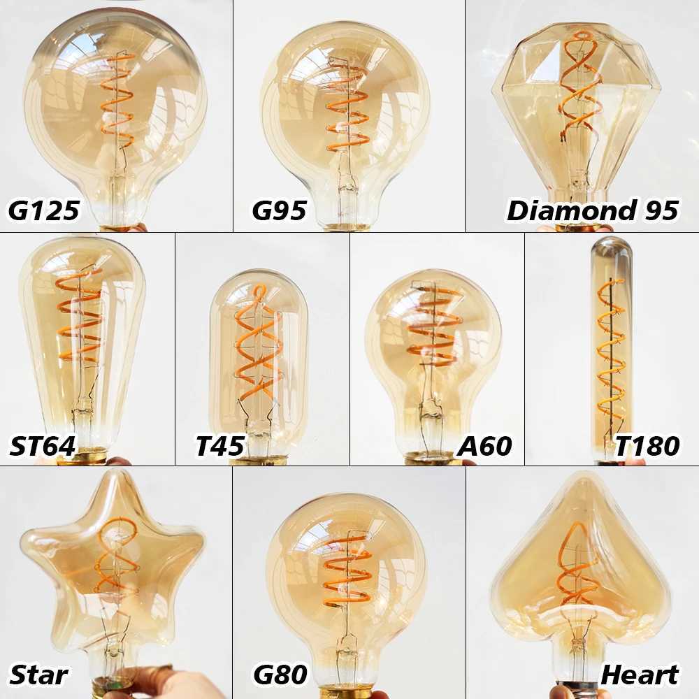 E27 LED Filament Light Bulb 220V 4W A60 ST64 T45 T185 G80 G95 G125 Retro Vintage ampoules LED Edison Lamp Spiral Bulb For Home C251115