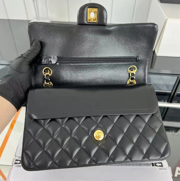 10A Designer Mirror Quality Giant Double Flip Cover Bag Luxury 25cm Genuine Leather Caviar Sheepskin Classic All Black Wallet Quilted Handbag with Box