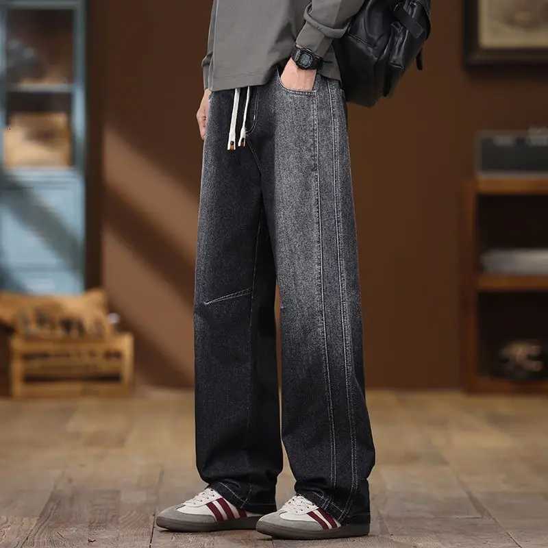 Autumn Mens New Baggy Jeans Versatile Wide Leg Trousers High Street American Style Retro Denim Solid Color Male ClothingZ250917