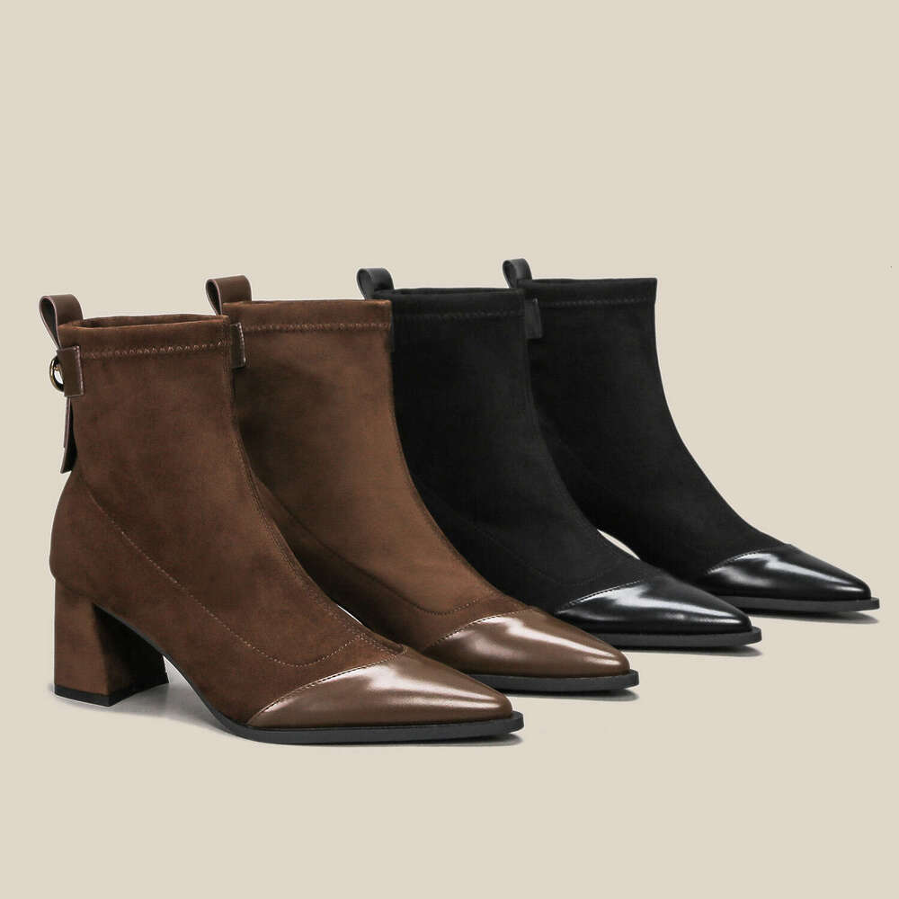 Autumn Winter New Elastic Slim Thick Heel Suede Patchwork Short Mid-Calf Women Black Slimming Low Boots Pointed Toe