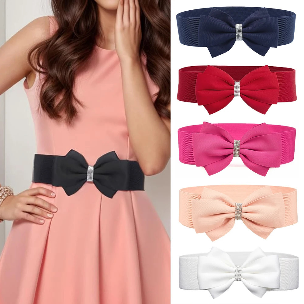 1 Solid color Casual Cute belt Shiny rhinestone bow elastic with dress womens belt 250916