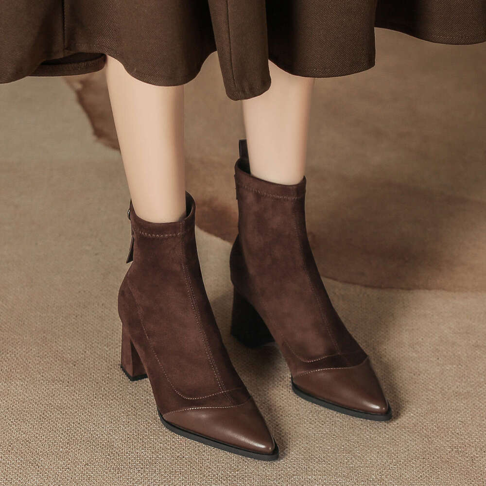 Autumn Winter New Elastic Slim Thick Heel Suede Patchwork Short Mid-Calf Women Black Slimming Low Boots Pointed Toe