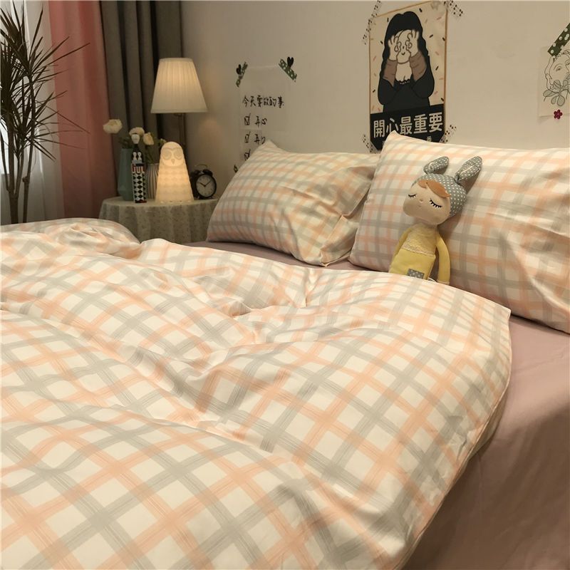 INS Japanese Style Checkerboard Blue Boys Duvet Cover Bedding Four-Piece Set Quilt Bed Sheet Dormitory Sanfangsu