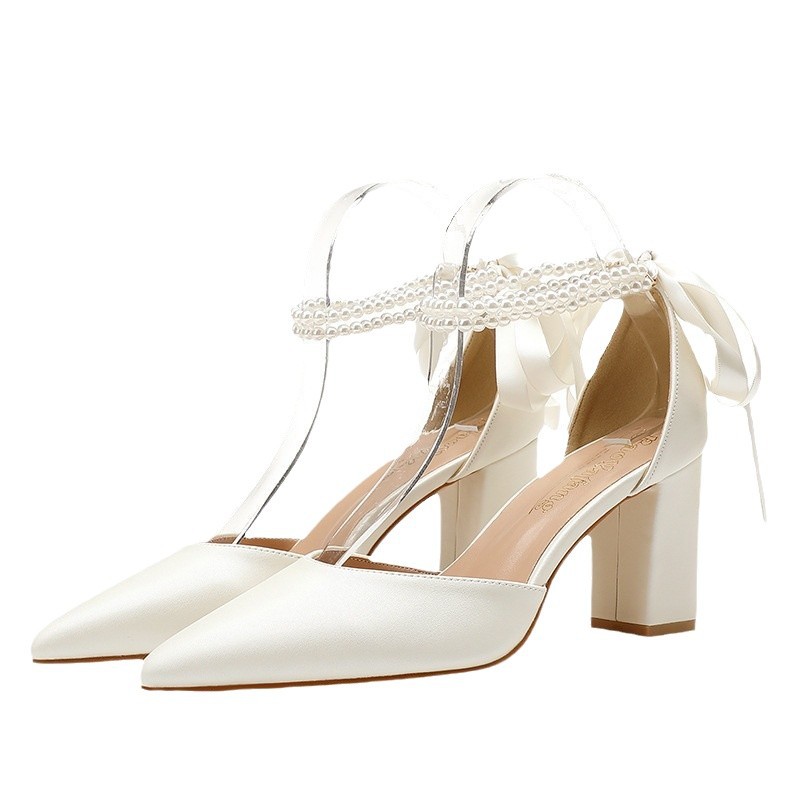 Premium Sandals Women's Wedding Shoes 2025 New Pearl Ribbon Decor Pointed Toe Chunky Heel White Bridal Shoes, Plus Size European Luxury Style