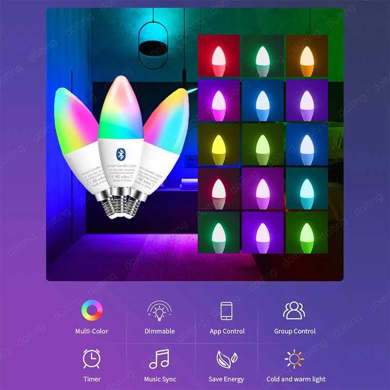 E14 Bluetooth Wifi Tuya Smart Led Chandelie Light Bulb RGB Color Change Lamps Smart Life APP Dimmable Alexa Google Home Voice C2509171