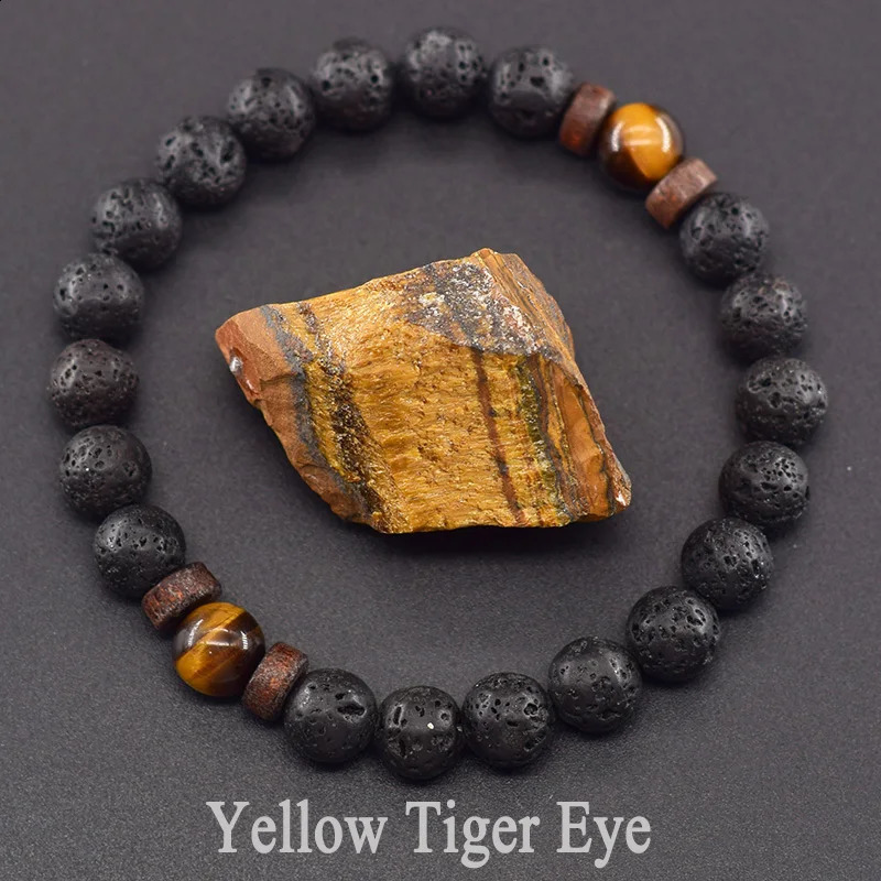 Natural Yellow Tiger Eye Bead Bracelet Men Women Black Volcanic Lava Wristband Tibetan Buddha Elastic Rope Couple Stone Bracelet 250916