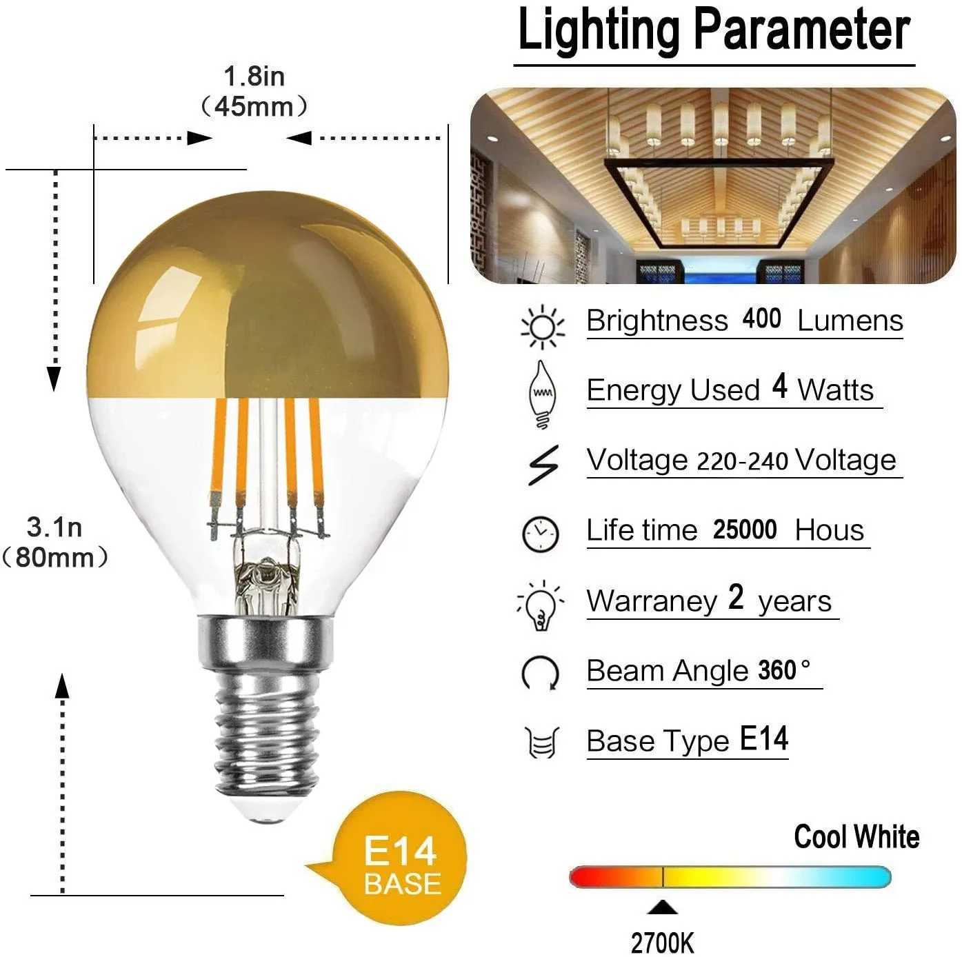 Golden LED filament light E14 4W 220V dimmer G45 bubble globe light bulb ed gold top mirror warm white light C250917
