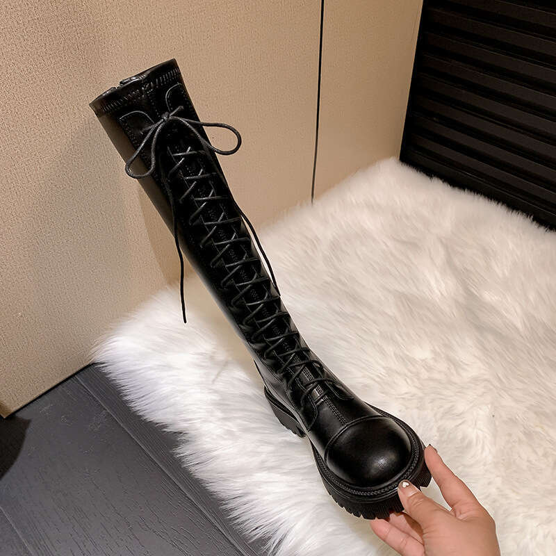 Genuine Leather Martin Riding British Style Height Increasing Long Lace-Up Round Toe Thick-Soled Women's Boots