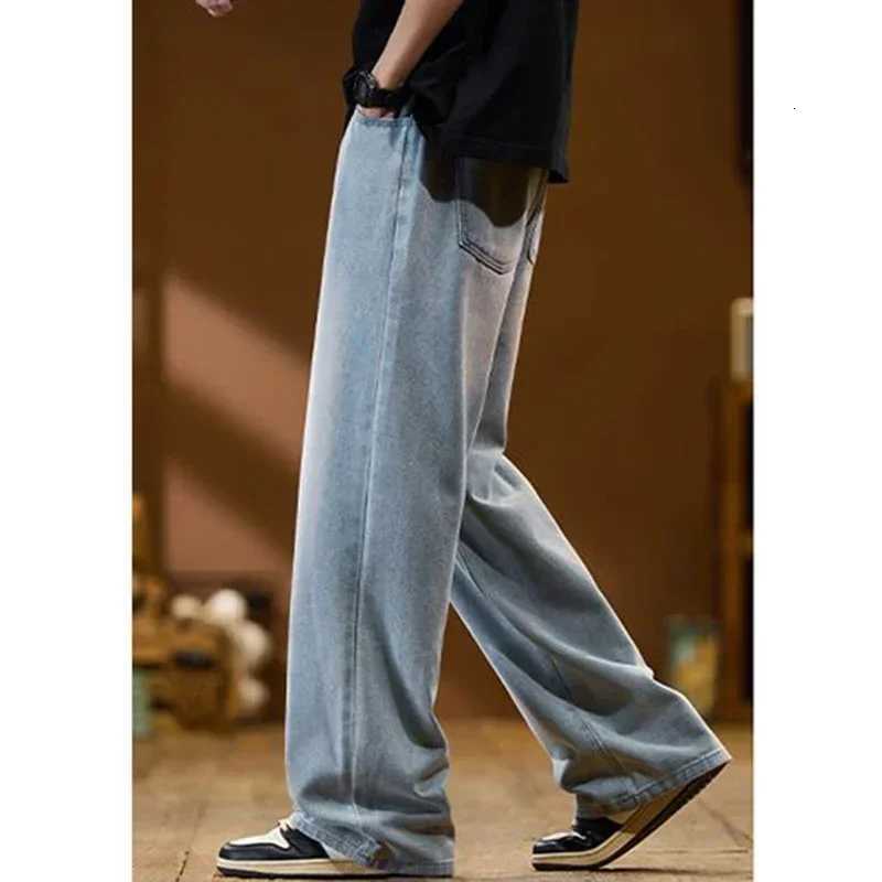 Men New Baggy Jeans Fashion Y2K High Street Retro Blue Trousers Elastic Drawstring Straight Wide Leg Loose Casual Denim PantsZ250917