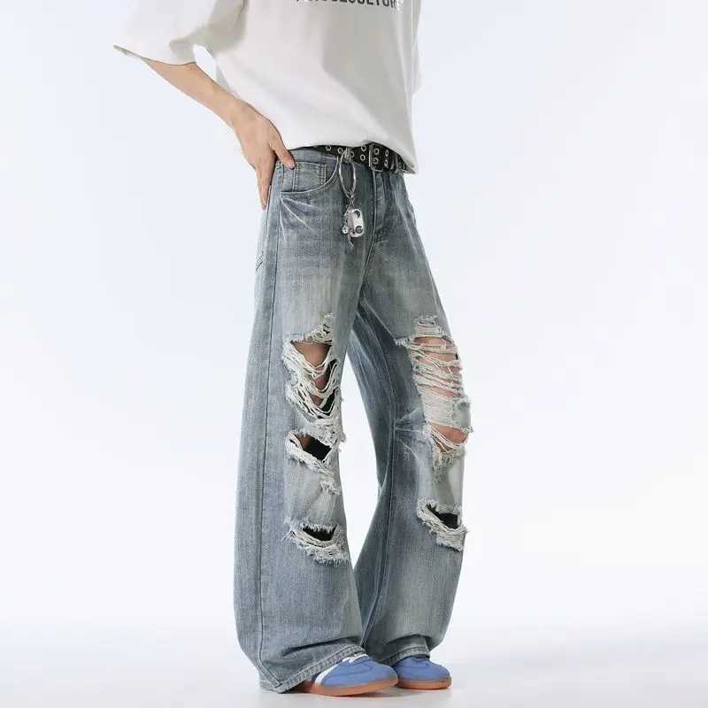 Mens Straight Leg Ripped Distressed Torn Holey Jeans American Style Loose High Waisted Autumn Men Wide Leg Vintage Baggy JeansZ250917